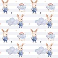 Seamless pattern with watercolor rabbit, rainbows clouds. Cute childish print. Springtime background in pastel colors vector