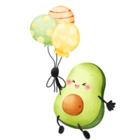cute avocado character holding party balloon floating in air, joyful,watercolor, isolated png