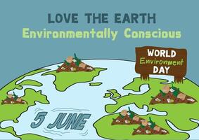 The name of World Environment Day campaign on wooden sign and many middens on earth with the day of event on ocean and slogan on blue background. Poster design in vector and cartoon style.