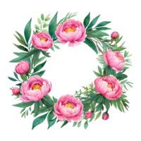 AI generated watercolor pink -color peony flower wreath png