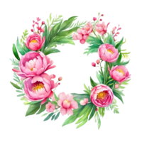 AI generated watercolor pink -color peony flower wreath png