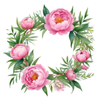 AI generated watercolor pink -color peony flower wreath png