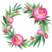 AI generated watercolor pink -color peony flower wreath png