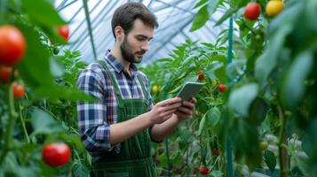 AI generated Expert Agronomist Analyzing Data in High Tech Tomato Greenhouse photo
