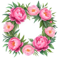 AI generated watercolor pink -color peony flower wreath png