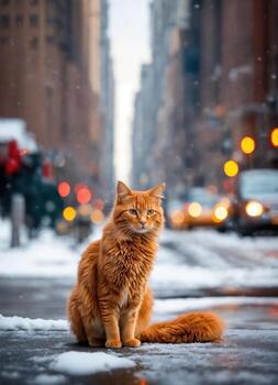 AI generated Ginger cat sitting on snow and looking at camera. Winter background. ai generative photo
