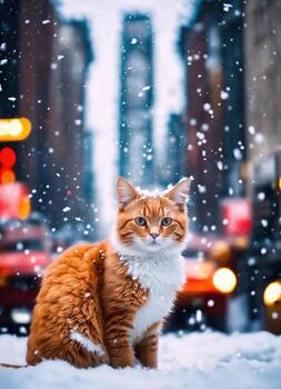 AI generated Ginger cat sitting on snow and looking at camera. Winter background. ai generative photo