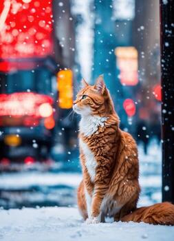 AI generated Ginger cat sitting on snow and looking at camera. Winter background. ai generative photo