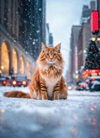 ai generado jengibre gato sentado en nieve y mirando a cámara. invierno antecedentes. ai generativo foto