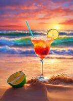 AI generated Cocktail on the beach at sunset. Colorful summer background. ai generative photo