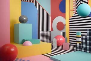 AI Generated abstract background of playful convergence of 2D pop-art graphics and 3D geometric shapes creating a vibrant multiverse portal, embodying high-energy and big-impact visuals photo