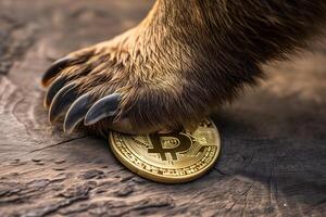 AI Generated Bear paw stomping and holding down bitcoin shiner. photo