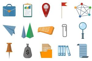 icons related to business and work, such as briefcases, clipboards, location pins for navigation, flags, connectivity, and paper airplanes that can symbolize messages or communication. and others. vector