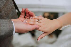 The groom kisses the bride's hand. Wedding photo of a couple in love. A young and handsome man kissing his wife's hand with a gold ring, proposing.