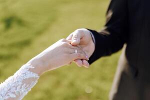 The groom kisses the bride's hand. Wedding photo of a couple in love. A young and handsome man kissing his wife's hand with a gold ring, proposing.
