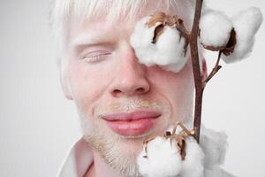 retrato de un albino hombre en estudio vestido camiseta aislado en un blanco antecedentes. anormal desviaciones raro apariencia foto