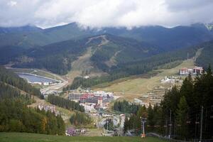 Bukovel, Ukraine October 2020 Autumn season in ski mountain resort photo