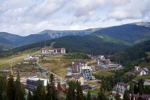 Bukovel, Ukraine October 2020 Autumn season in ski mountain resort photo