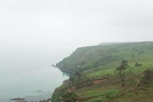 foggy day on the coast with green grass on the rocks Crozon, France 29 May 2018 photo