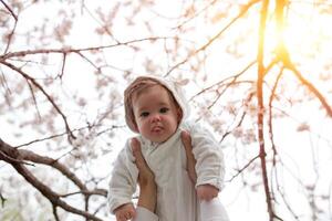 contento familia. madre manos lanza arriba niño en el floreciente manzana árboles, en soleado día en el parque. foto