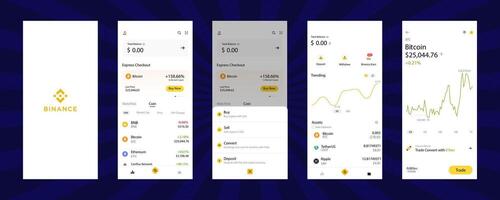 binance interfaz. capturas de pantalla de un cripto intercambiar para comercio fichas criptomoneda logo. un conjunto de el mejor criptomoneda simbólico logotipos bitcoin, etéreo, USDT, alojamiento, y otro. editorial vector