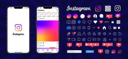 Instagram template app screens on Apple Iphone vector set. Realistic Instagram interface on smartphone profile, photo, message, storie, liked, stream. Meta corporation. Editorial