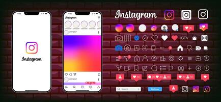 Instagram template app screens on Apple Iphone vector set. Realistic Instagram interface on smartphone profile, photo, message, storie, liked, stream. Meta corporation. Editorial