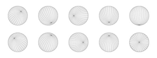 Set of 3D sphere wireframe icons in different positions. Orb models, spherical shapes, grid balls. Earth globe figures with longitude and latitude, parallel and meridian lines vector