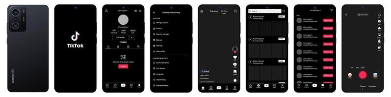 Tik Tok design in Xiaomi Redmi11T . Tik Tok screen social media, social network interface template. Homepage, loading, recommendations, subscription, profile. Stream, stories. Editorial illustration. vector