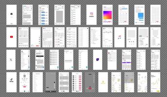 tik tok, YouTube, instagram y Facebook, Twitter, x.com, X, contracción nerviosa, binanza, manzana música Bosquejo. grande conjunto pantalla social medios de comunicación red interfaz modelo. página principal cuentos, apreciado, arroyo. editorial vector