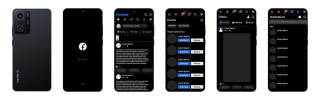 Facebook design in Xiaomi Redmi11T. Set Facebook screen social media and social network interface template. Homepage, recommendations, subscriptions. Facebook photo frame. Editorial illustration. vector