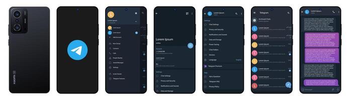 Telegram mockup in Xiaomi Redmi11T. Telegram logo. Set telegram screen social media and social network interface template. Dark theme. Telegram button. Vector illustration. Editorial.