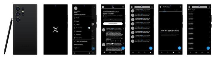 New Twitter vs x.com in Samsung galaxy s23 ultra. Popular social media button icon, instant messenger logo of Twitter. Screen social media and social network interface template. Editorial. vector