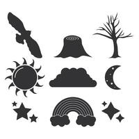 Collection of Birds Silhouettes, Nature, and Weather.There are trees, sun, clouds, rainbow. vector