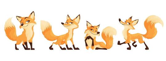 A set of sly foxes. Funny and cunning red fox collection. Animal emotion. Animal character design. Vector illustration isolated on white background.