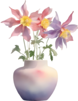 AI generated A vase of Columbine flowers, a watercolor painting of a vase of Columbine flowers. png