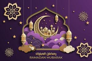 Ramadan Mubarak template, using 3D paper-cut elements of Islamic lanterns, stars, and a crescent moon.The violet background exude warmth and spirituality. vector