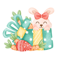 carino digitale pittura acquerello Pasqua coniglietto con Pasqua uova, carote e regalo png. png