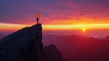 ai generado elástico figura conquista puesta de sol pico simbolizando triunfo terminado arduo viaje foto