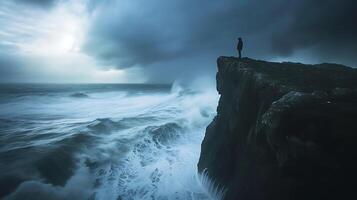 ai generado inflexible espíritu solitario figura caras turbulento mar abrazando esperanza y Resiliencia en medio de agobiante adversidad foto