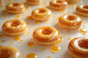 AI generated Glazed donuts are arranged in a row on a light caramel-splattered background photo