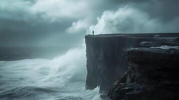 AI generated Resilient Figure Embraces Stormy Cliff Braced Against Elements Embodying Determination and Hope photo