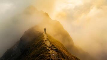 AI generated Embracing the Challenge A Solitary Figure Confronts Uncertainty Amidst Golden Rays and Daunting Landscape photo