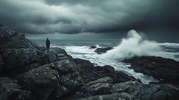 AI generated Solitude Amidst the Storm Braving the Tempestuous Sea with Resilience photo