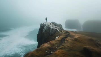 AI generated Standing at the Edge Embracing Uncertainty with Determination Overlooking Turbulent Sea and Vanishing Trail photo