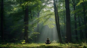 ai generado sereno bosque claro meditación yoga y diario en medio de naturalezas tranquilo abrazo foto