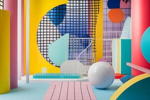 AI Generated abstract background of playful convergence of 2D pop-art graphics and 3D geometric shapes creating a vibrant multiverse portal, embodying high-energy and big-impact visuals photo