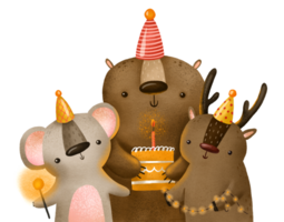 Forest animals celebrate their birthday. Bear, deer and mouse at a birthday party with cake and festive deokr. Cute children's illustration. Hand drawn holiday sticker with white stroke png