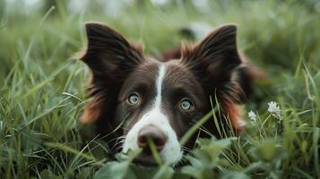 ai generado expresivo frontera collie obras de teatro en herboso prado capturado en de cerca con 50 mm lente foto