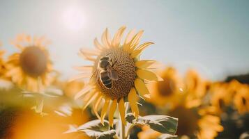 AI generated Bee Pollinating Vibrant Sunflower Framed by Blurred Field and Clear Blue Sky Illuminated by Soft Natural Light photo